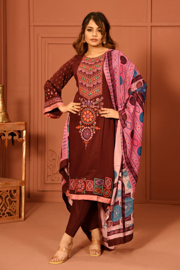 Plum Red Cotton Printed & Embroidered Salwar Kameez Set